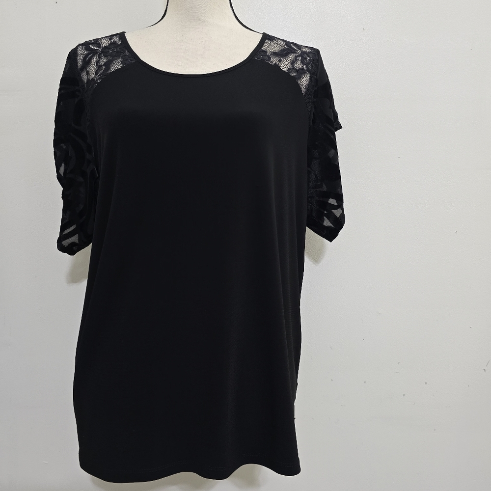 ANNE KLEIN size Large Slinky Lace Trim Blouse Floral Burnout Sleeve Black